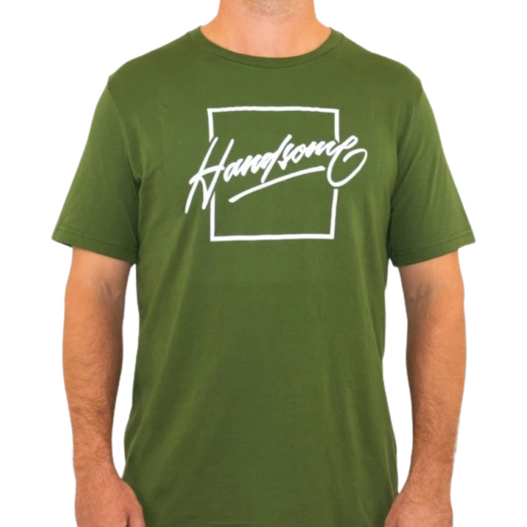Olive green t-shirt with Handsome Bogey's logo large on the center of the chest.