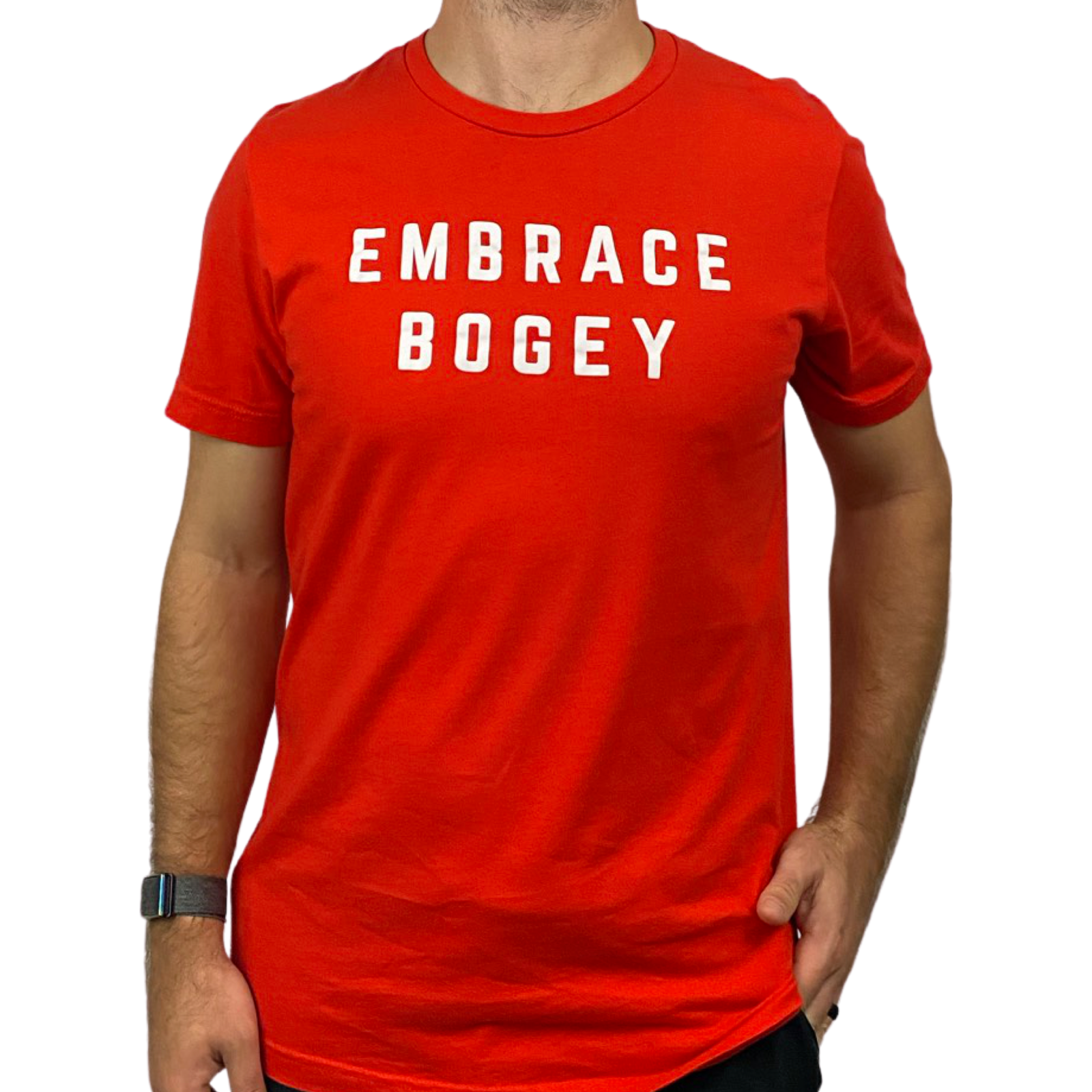 Red colored, 100% cotton t-shirt with the words Embrace Bogey in white lettering.
