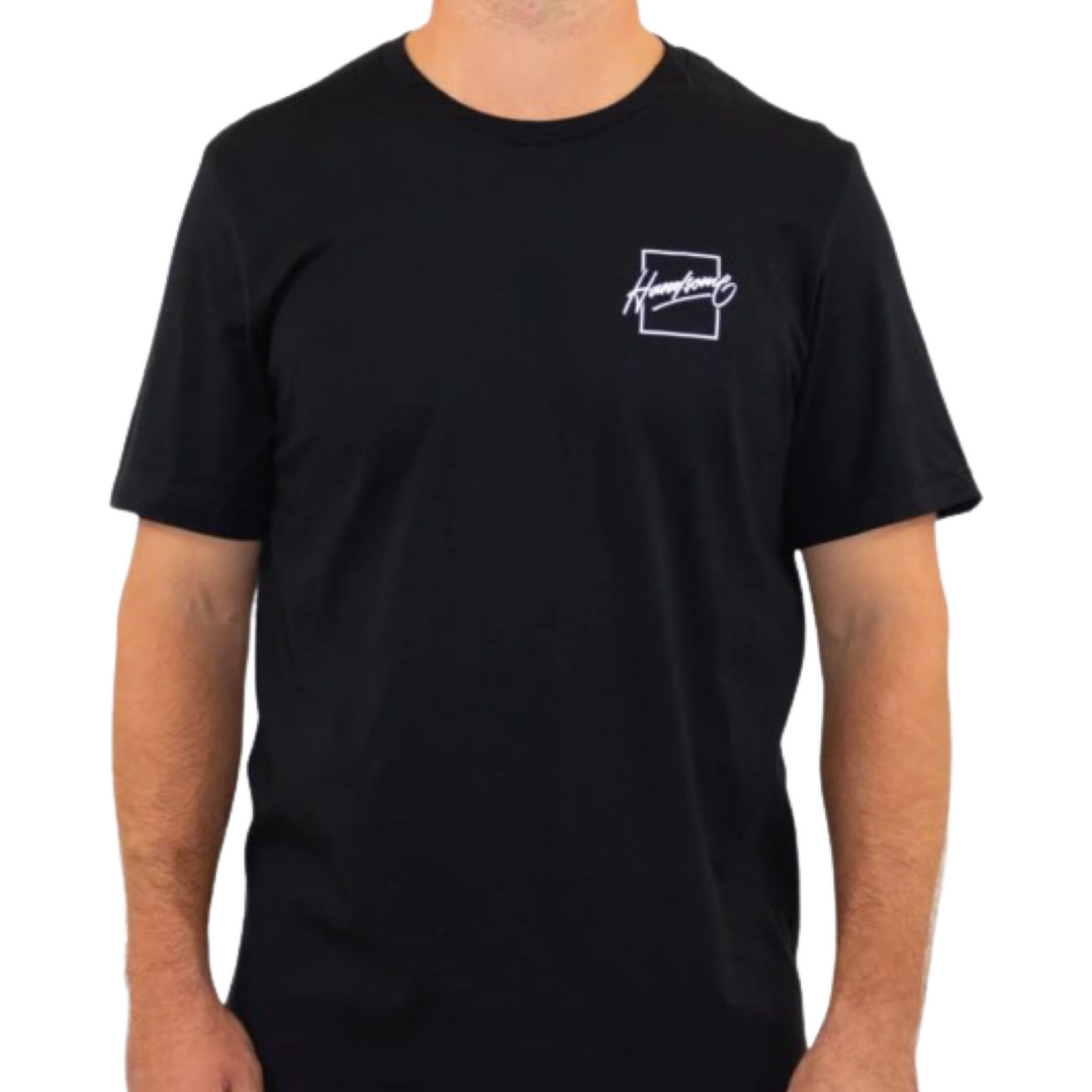 Black, 100% cotton t-shirt with Handsome Bogey's logo in the upper right hand corner.